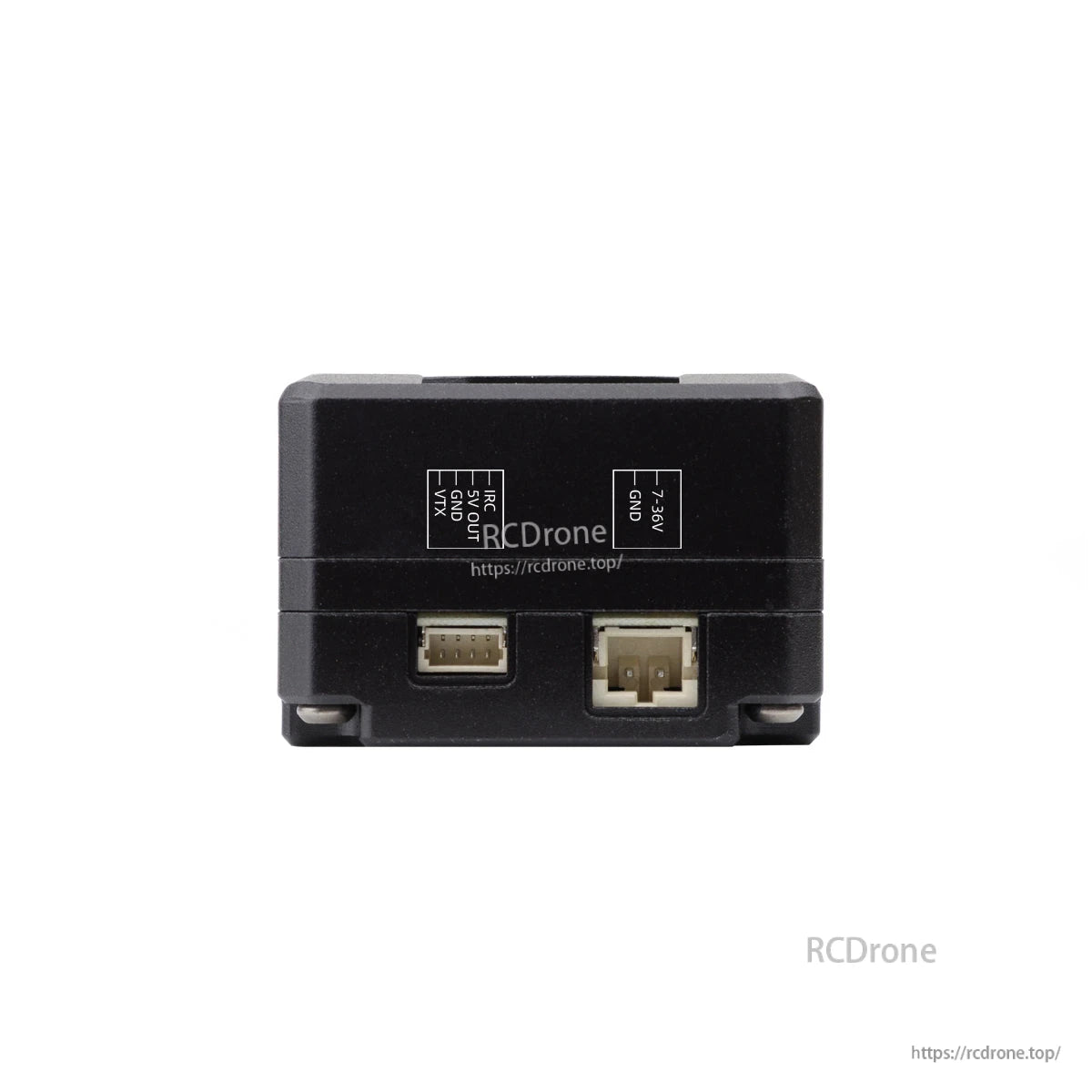 Port close-up showing IRC, RX, TX, 7–36V and GND labels with two connector sockets
