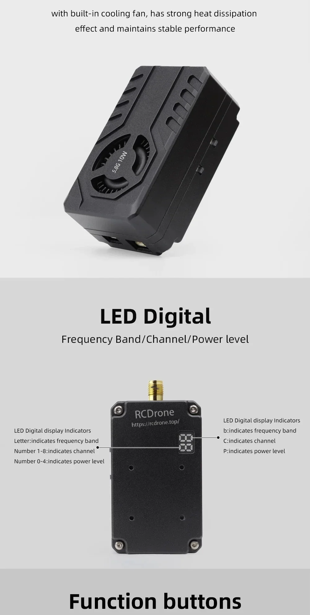 VTX casing with cooling fan plus LED digital display for band, channel, and power level indicators