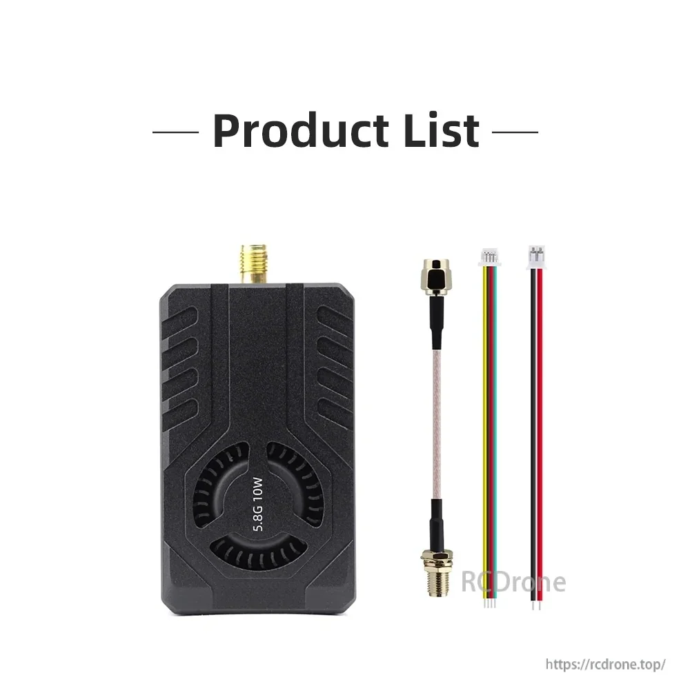Package contents: 5.8G 10W VTX module, SMA adapter cable, and two wiring harnesses
