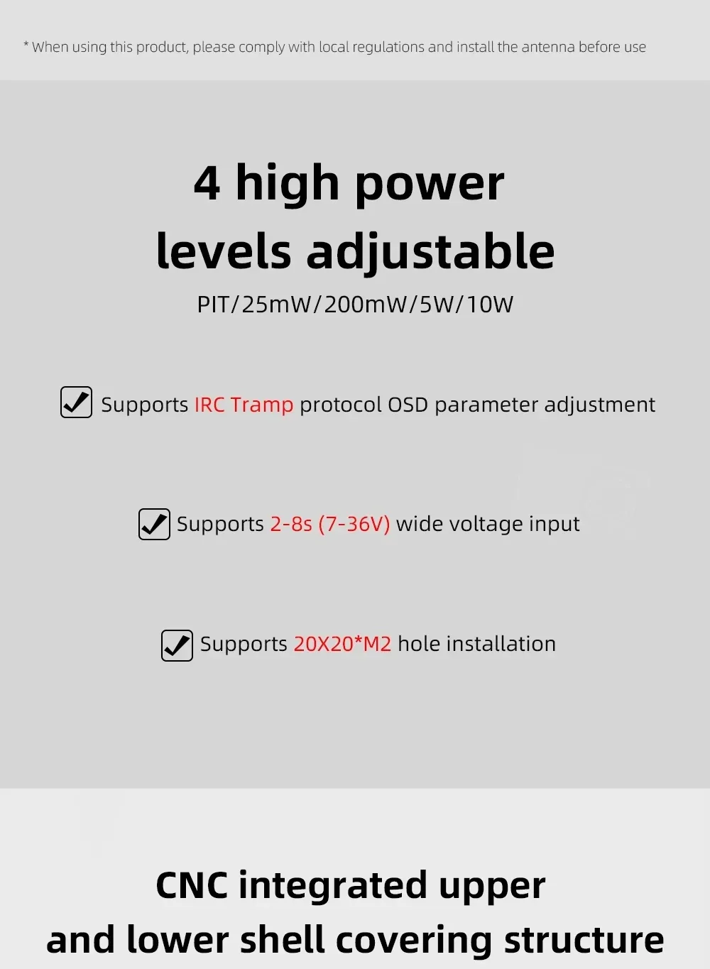Adjustable VTX power levels (PIT/25mW/200mW/5W/10W) with IRC Tramp, 2–8S input, and 20×20 M2 mount