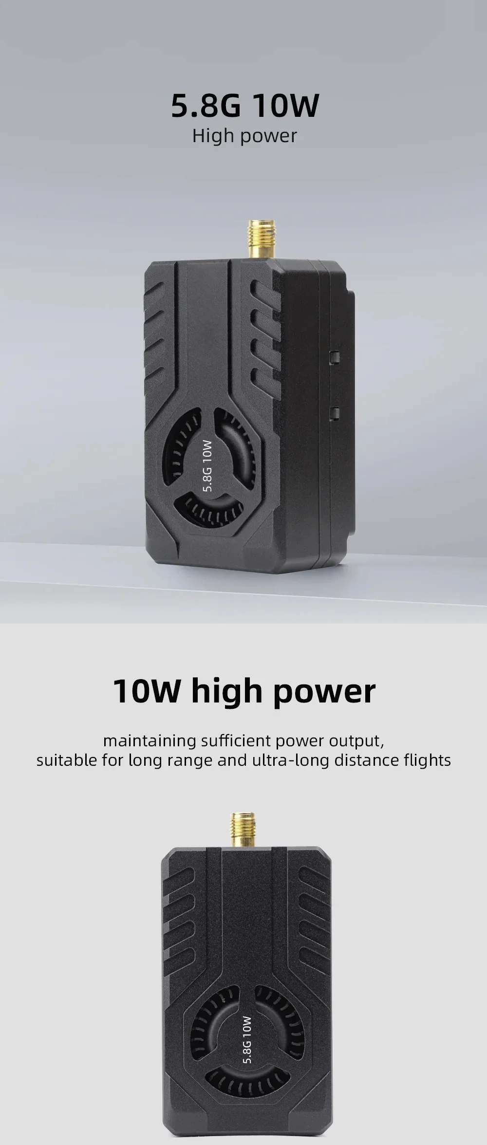 4.9–6.0GHz 10W FPV Video Transmitter (VTX) with 5.8G 10W label and SMA antenna port