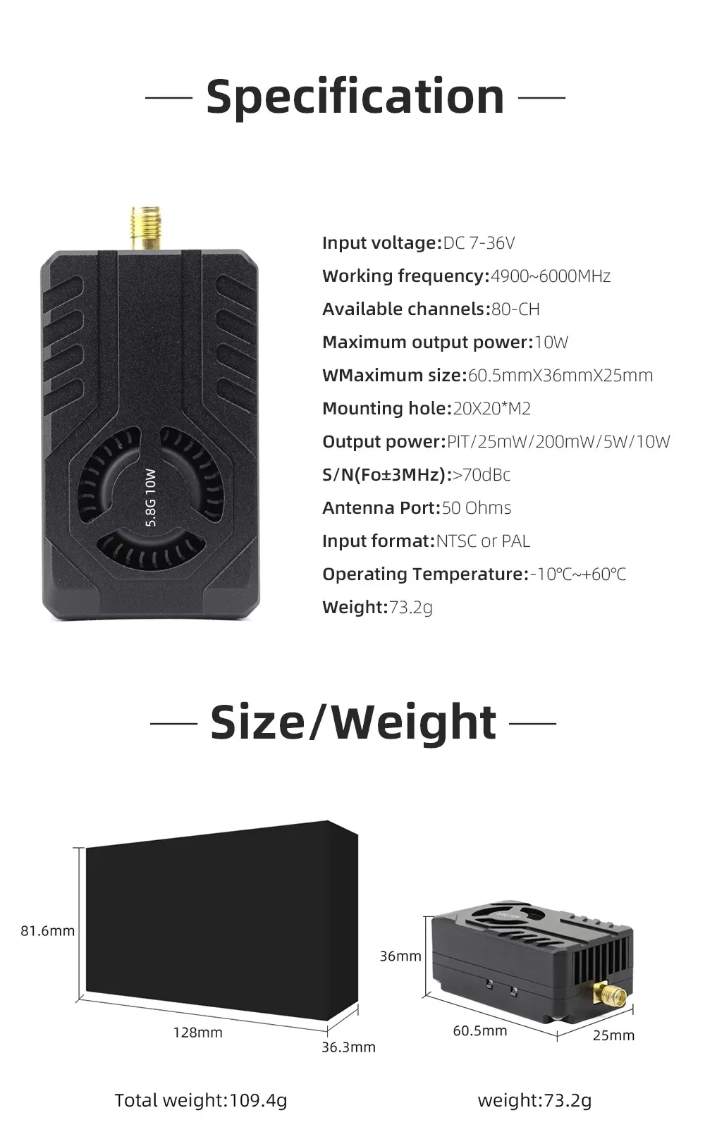 Specification and size/weight graphic listing 4900–6000MHz, 10W max, 20×20 M2 mounting, and dimensions