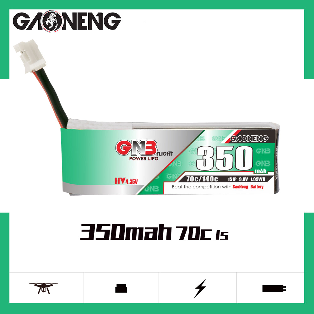 Side view label showing 350mAh 70C 1S on GAONENG GNB350 LiHV micro FPV battery