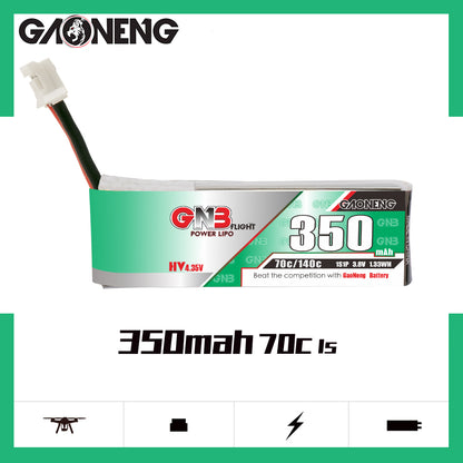 Side view label showing 350mAh 70C 1S on GAONENG GNB350 LiHV micro FPV battery