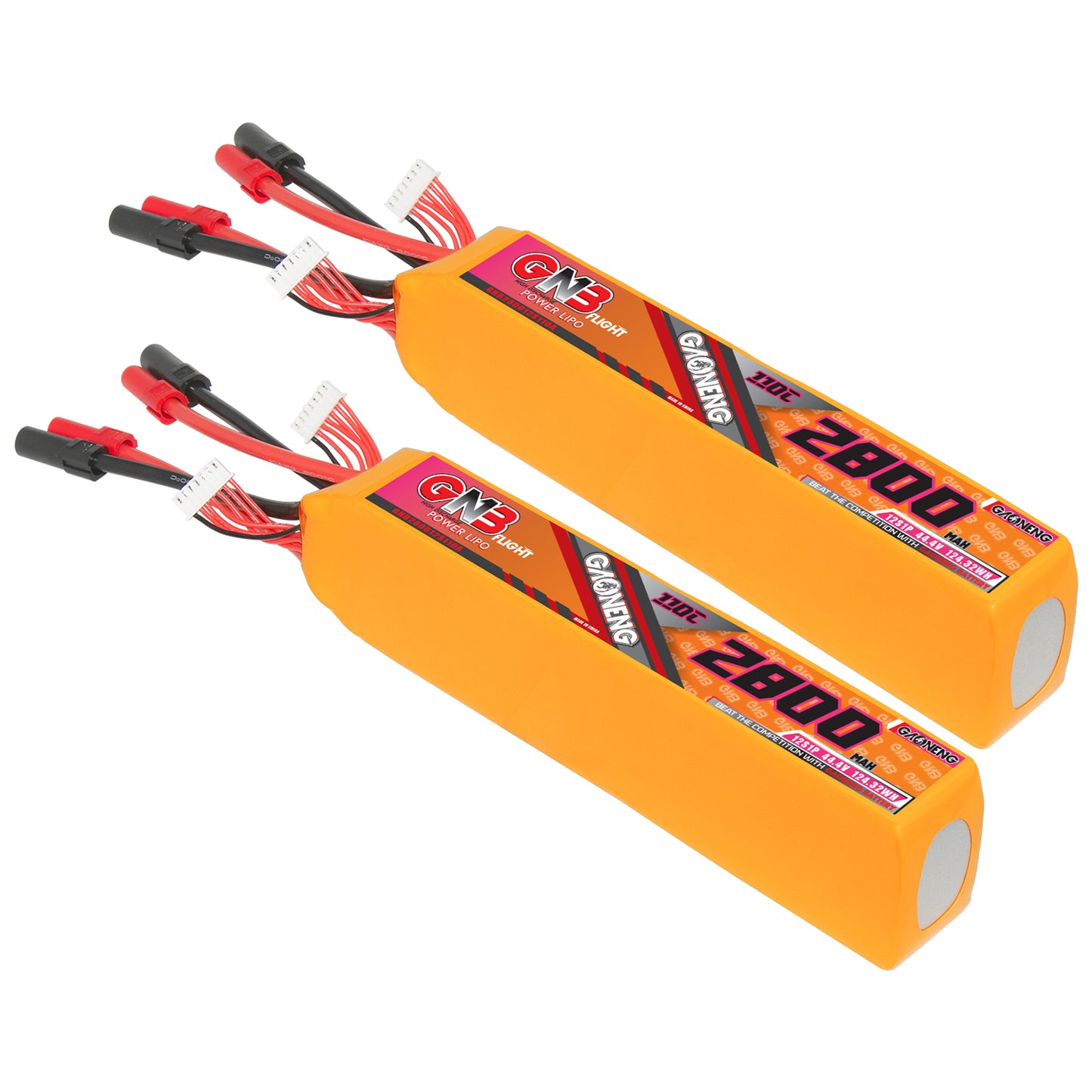 Two GNB 12S 2800mAh LiPo battery packs shown side by side with balance leads and discharge leads