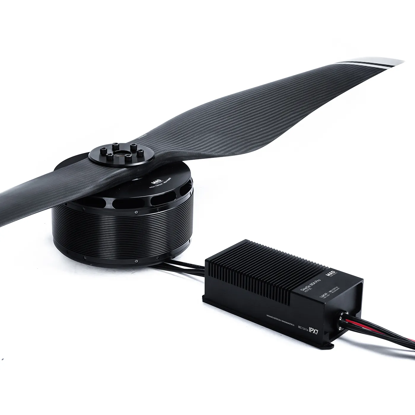 MAD drone power combo with large brushless motor and propeller connected to a finned ESC module with wiring