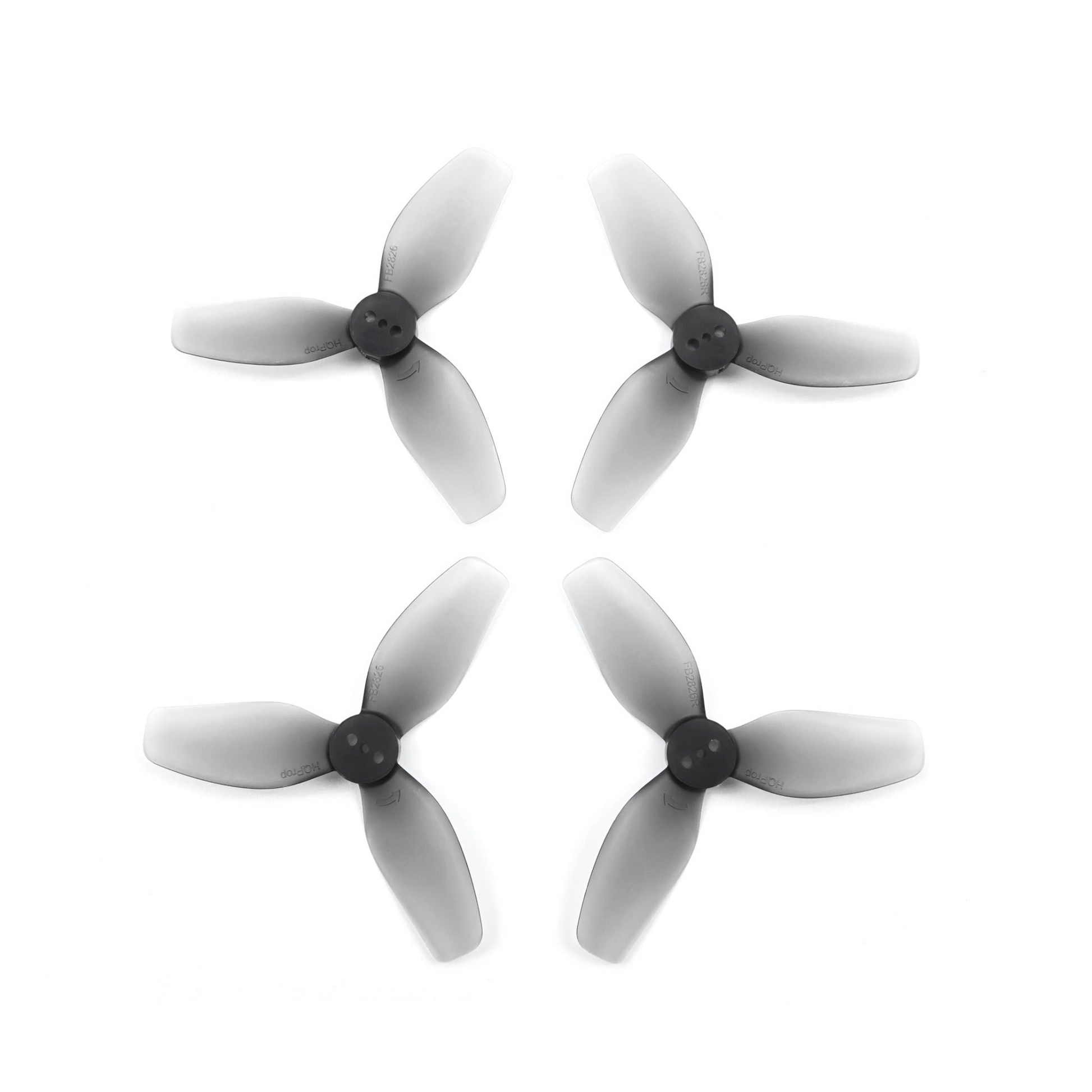 HQProp FB2826 grey polycarbonate tri-blade propeller set, four props on white background