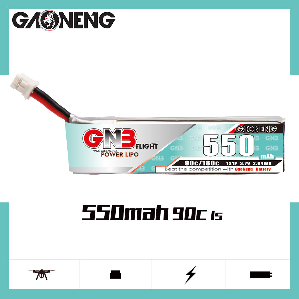 Side profile of GNB 550mAh 1S LiPo pack showing label and lead wires