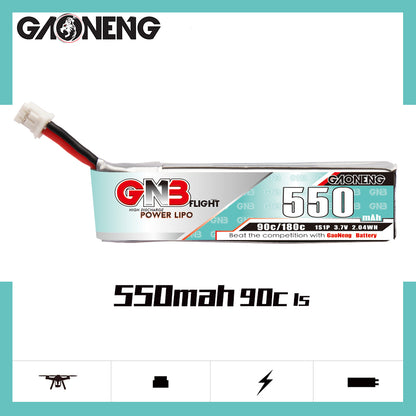 Side profile of GNB 550mAh 1S LiPo pack showing label and lead wires
