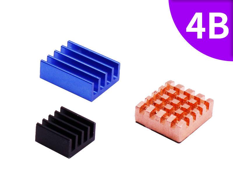 Heat Sink Kit for Raspberry Pi 4B with blue and black aluminum heatsinks and copper heatsink