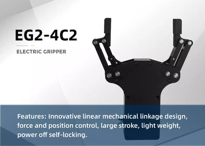 The EG2-4C2 electric gripper features linear linkage, force/position control, large stroke, lightweight design, and self-locking capability.