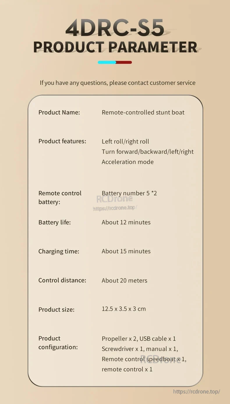 4DRC S5 2.4G Mini RC Boat, The 4DRC-S5 stunt boat performs rolls and turns, features acceleration mode, 12-minute battery, 15-minute charge, 20-meter range, compact size, and includes essential accessories.
