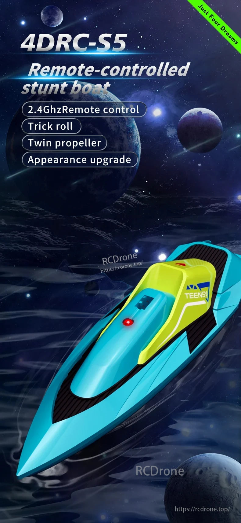 4DRC S5 2.4G Mini RC Boat, The 4DRC-S5 remote-controlled stunt boat features 2.4GHz control, trick rolls, twin propellers, and an upgraded design for enhanced performance and durability.