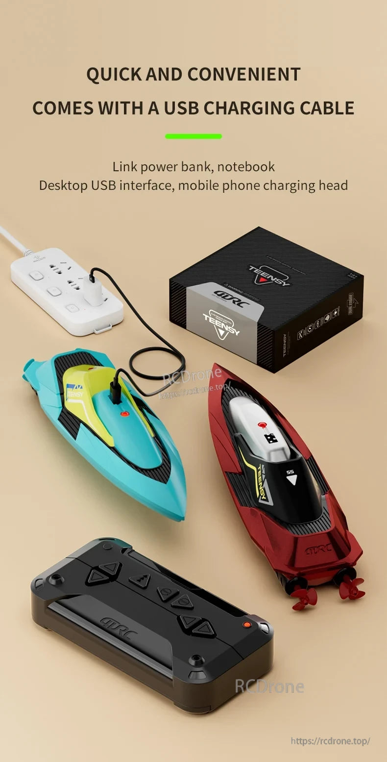 4DRC S5 2.4G Mini RC Boat, 4DRC S5 Mini RC Boat with USB charging, remote control, and quick setup.