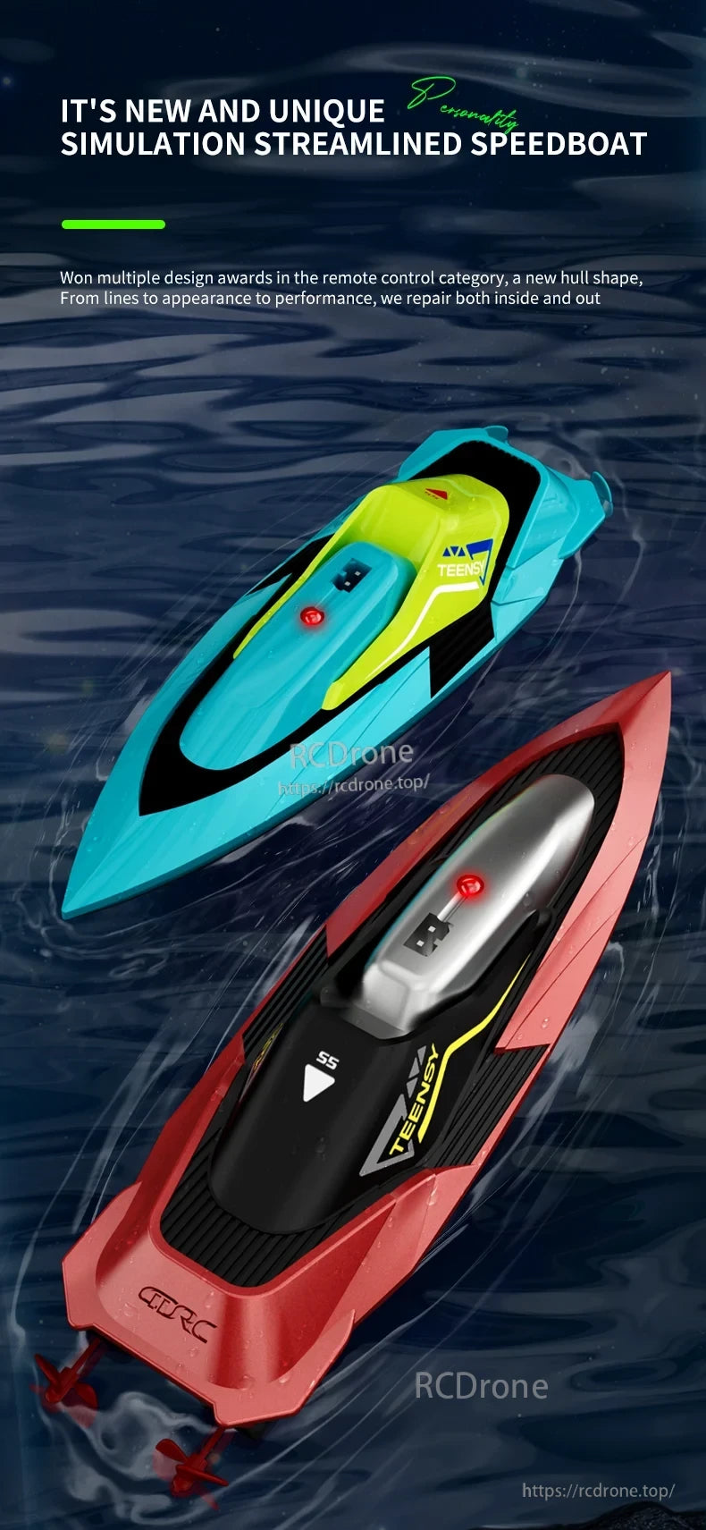 4DRC S5 2.4G Mini RC Boat, TEENSY's award-winning 2.4G remote-controlled mini RC speedboat features a sleek hull, high performance, and streamlined design for realistic simulation.