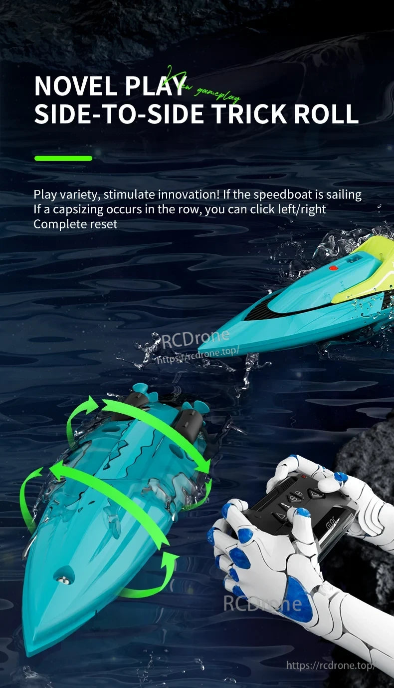 4DRC S5 2.4G Mini RC Boat, Novel side-to-side trick roll gameplay, remote control boat with reset function for capsizing.