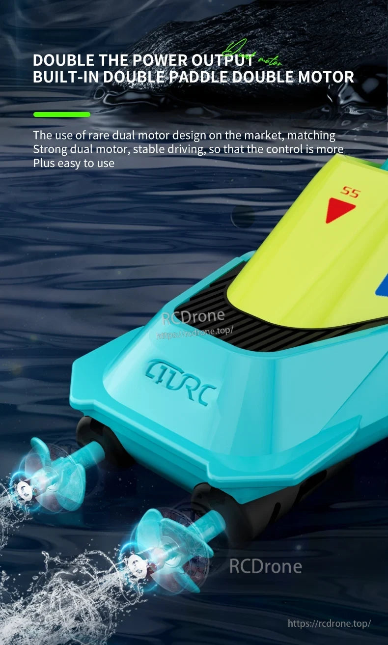 4DRC S5 2.4G Mini RC Boat, The 4DRC S5 RC boat features a dual paddle motor for enhanced power, stable performance, and effortless control.