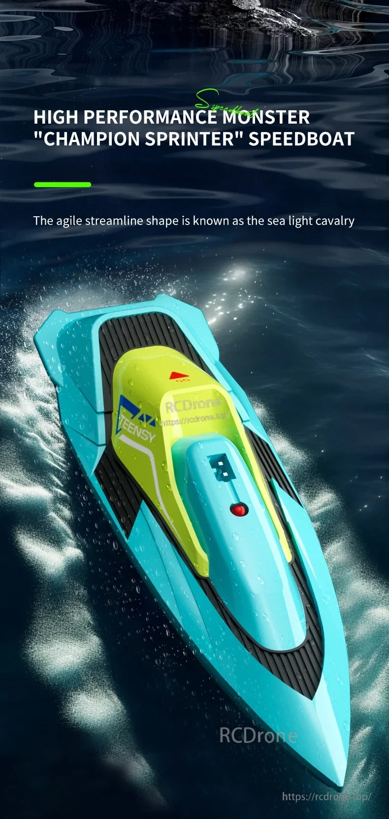 4DRC S5 2.4G Mini RC Boat, High performance monster Champion Sprinter speedboat, agile streamline design.