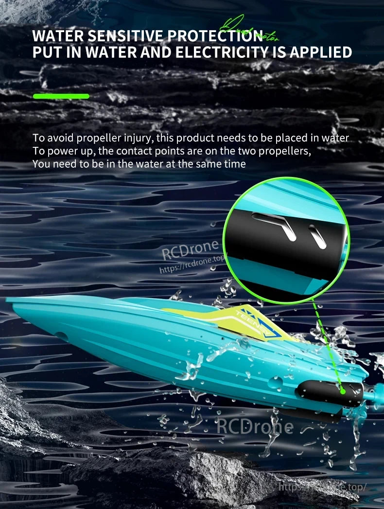 4DRC S5 2.4G Mini RC Boat, Water-activated drone: powers up when placed in water; propeller contact points need water to activate.