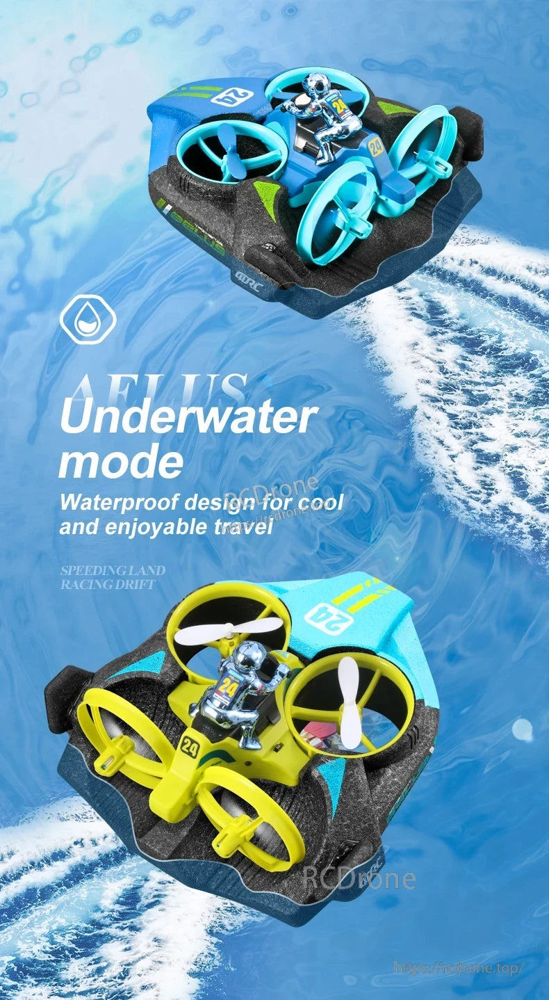 4DRC V24 Mini RC Drone is waterproof, supports underwater mode, and offers speed, racing, and drift functions for land, water, and air use.