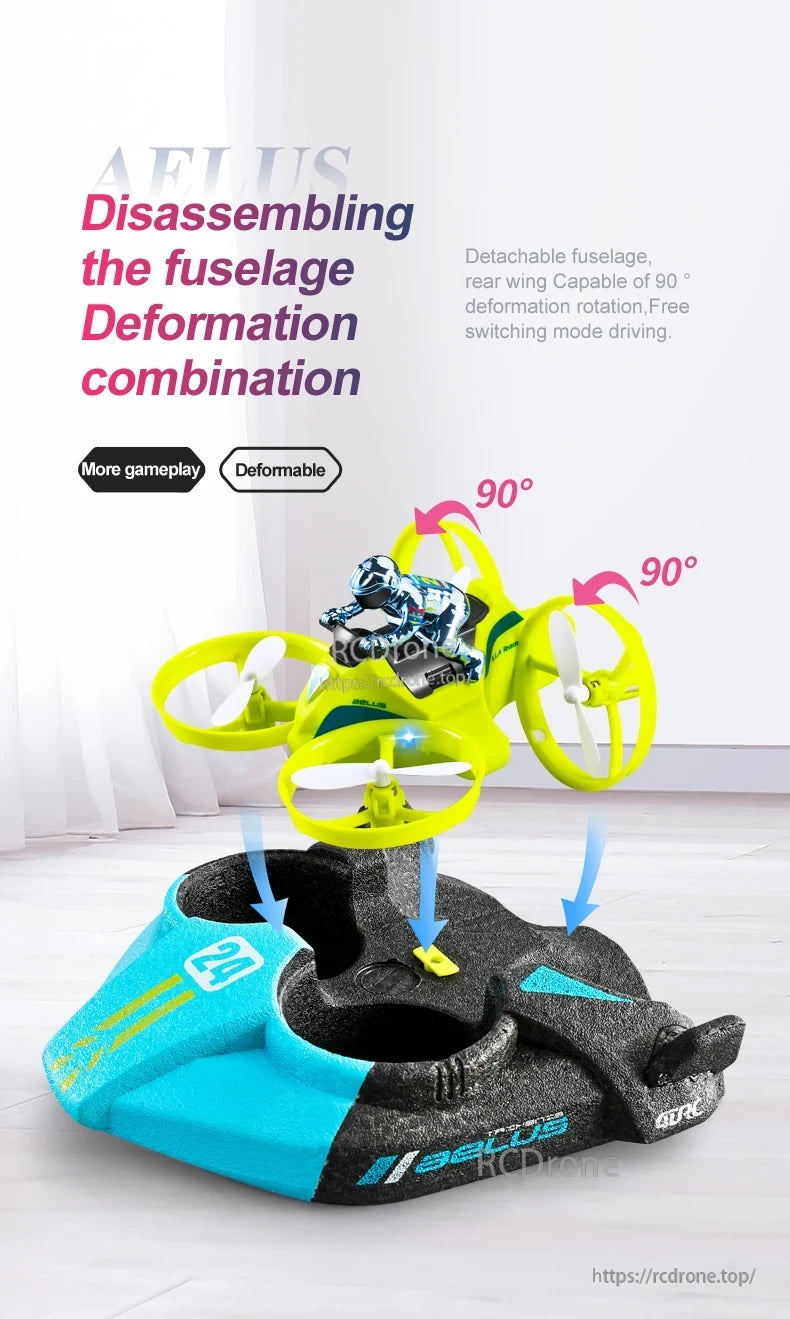 4DRC V24 Mini RC Drone, The AELUS drone features a detachable fuselage, 90° deformation, and free mode switching for enhanced gameplay and versatile, deformable design.