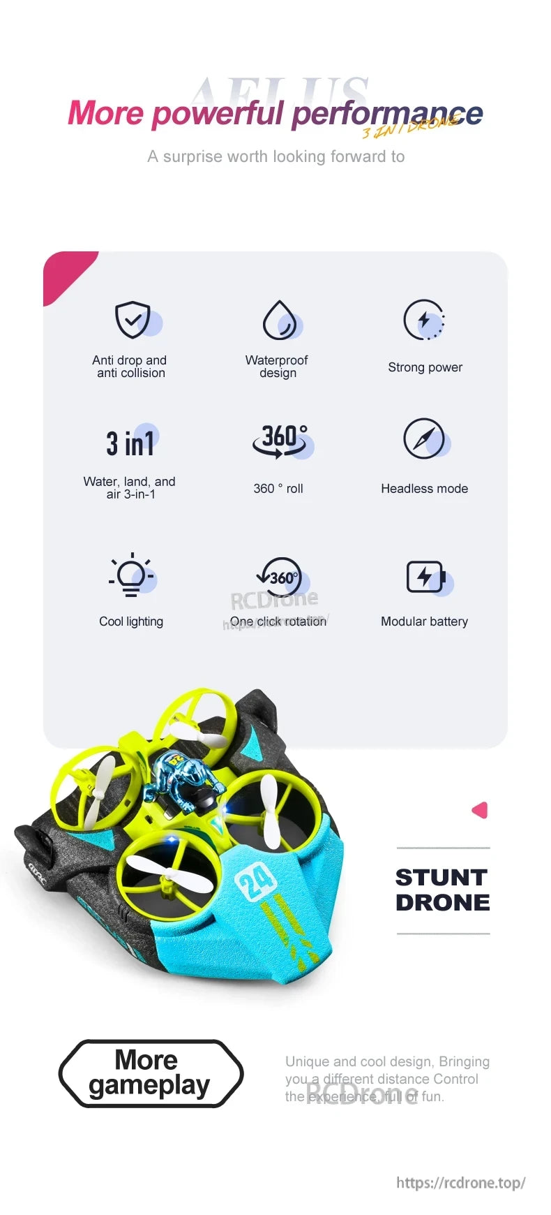 4DRC V24 Mini RC Drone: waterproof, durable, 360° roll, headless mode, LED lights, modular battery, one-click flip—flies, floats, drives. (24 words)