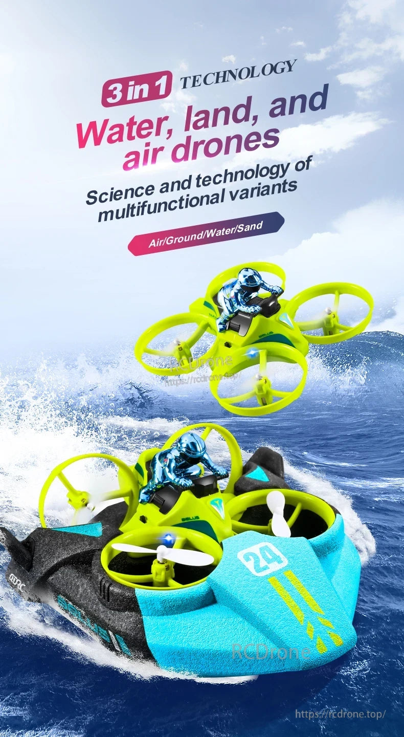 4DRC V24 Mini RC Drone, 3 in 1 drone for water, land, air; multifunctional technology.