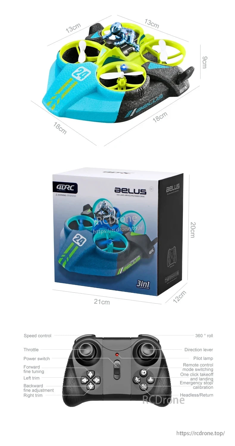 4DRC V24 Mini RC Drone: 3-in-1 sea-land-air mode, 18x13x9cm, remote control with flight modes. Box: 21x12x20cm.