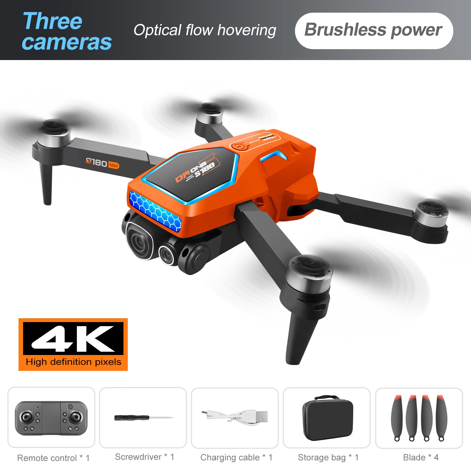 S180 Drone, Drone features: optical flow, brushless motors, 4K camera, remote control, and accessories like screwdriver and carrying case.