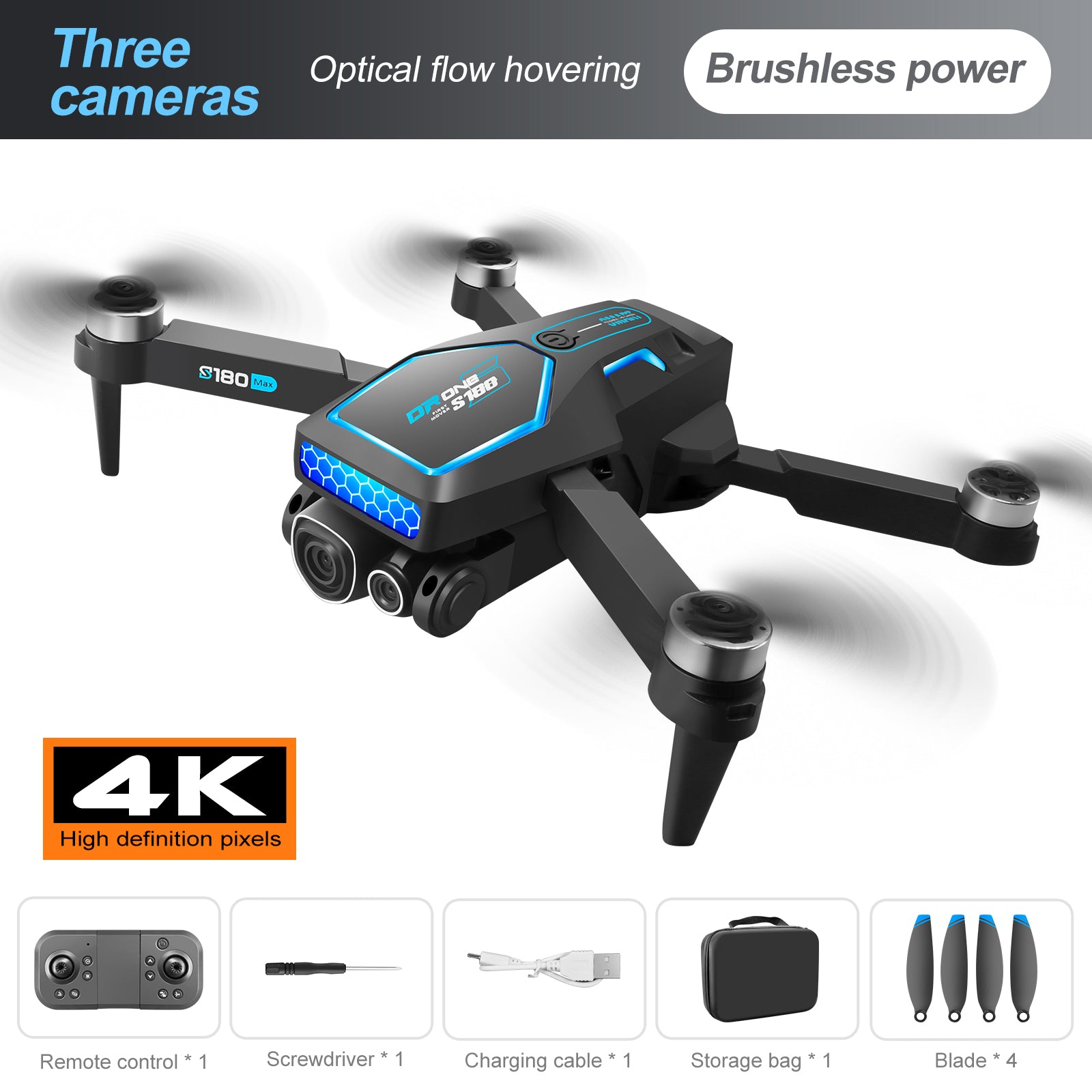 S180 Drone, Drone with optical flow hovering, brushless power, and 0.4K HD camera for aerial photography.
