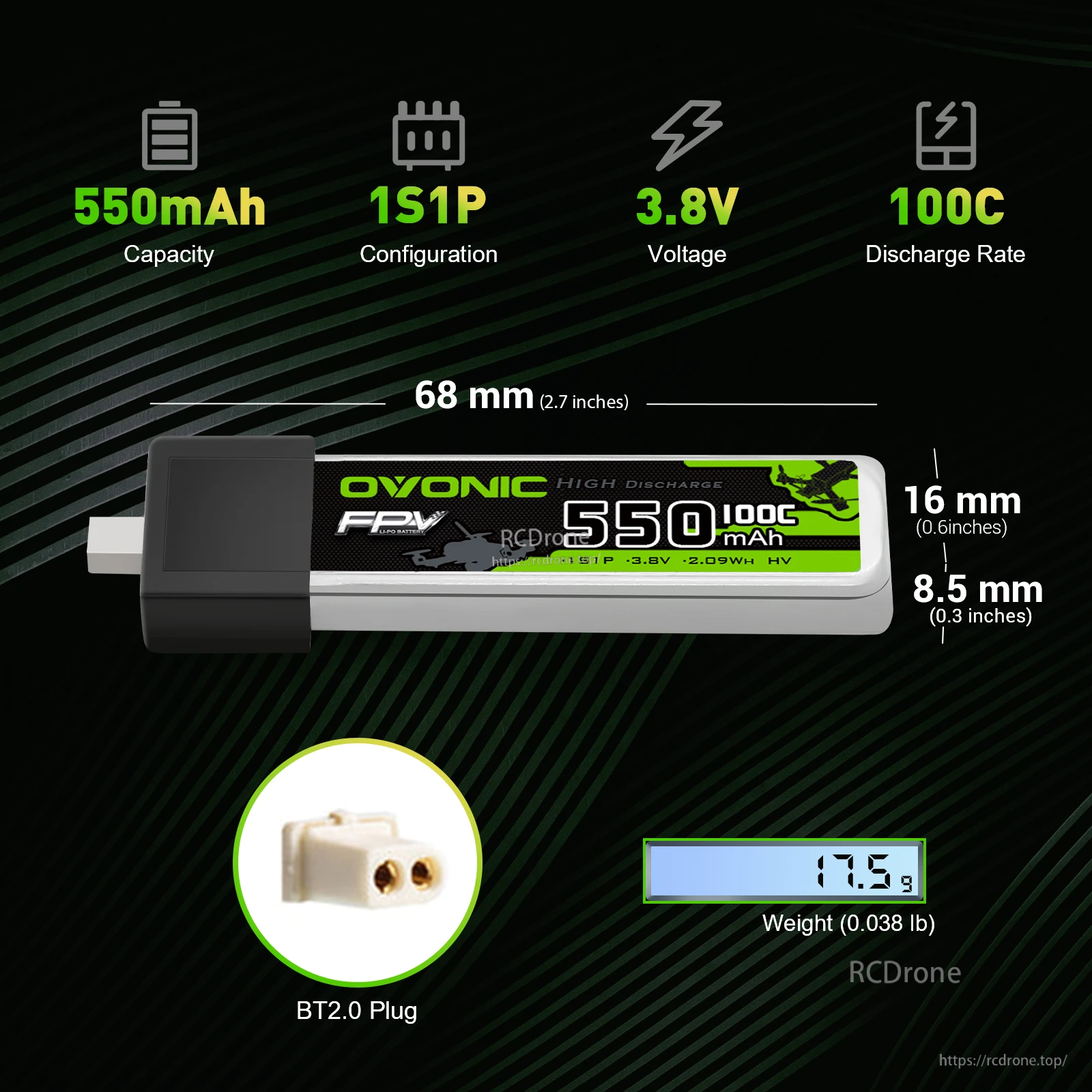 4× Ovonic 550mAh 1S1P 3.8V LiHV LiPo battery with BT2.0 plug, 100C rate, size and weight chart