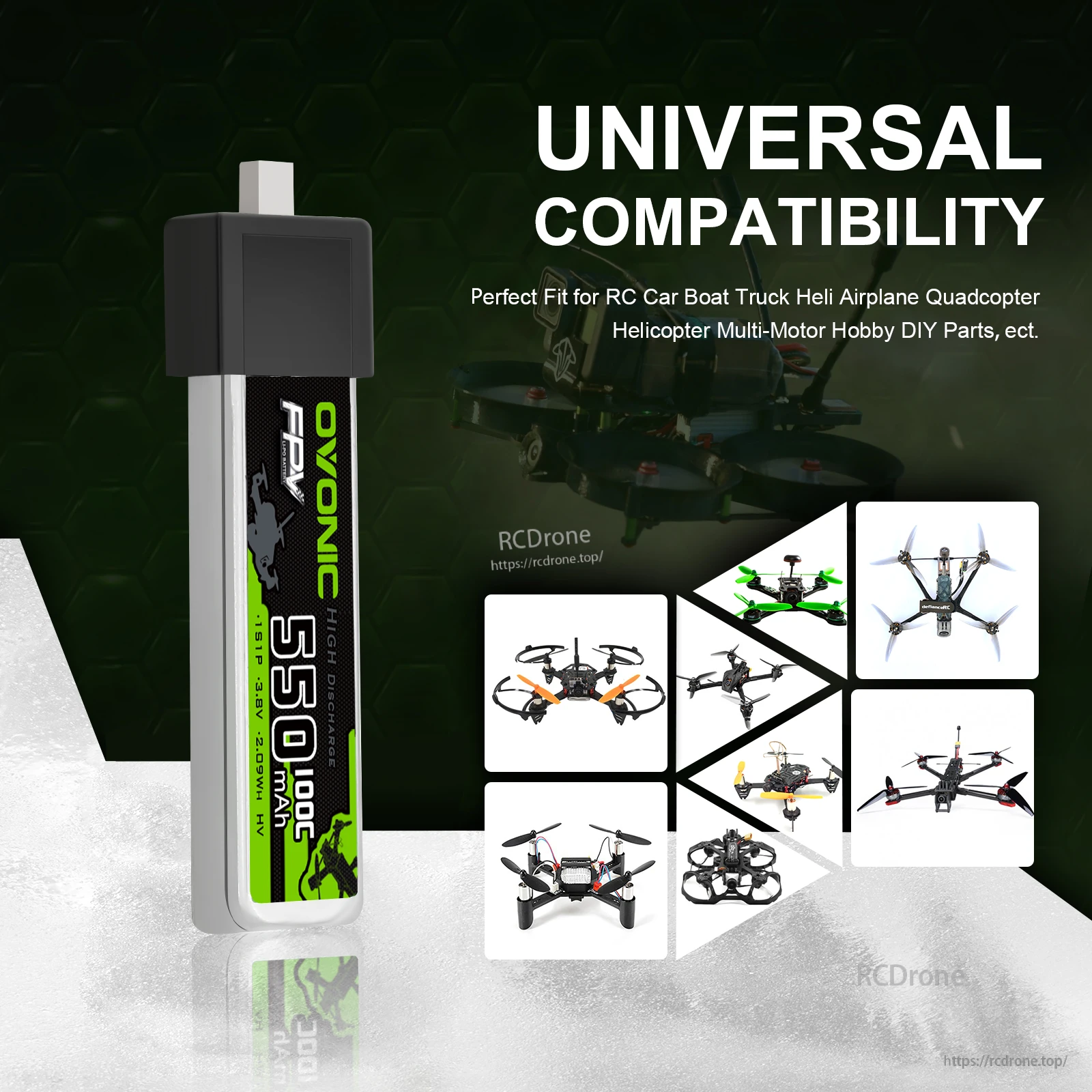Ovonic 1S 550mAh LiHV battery with universal compatibility graphic for small RC quadcopters and models