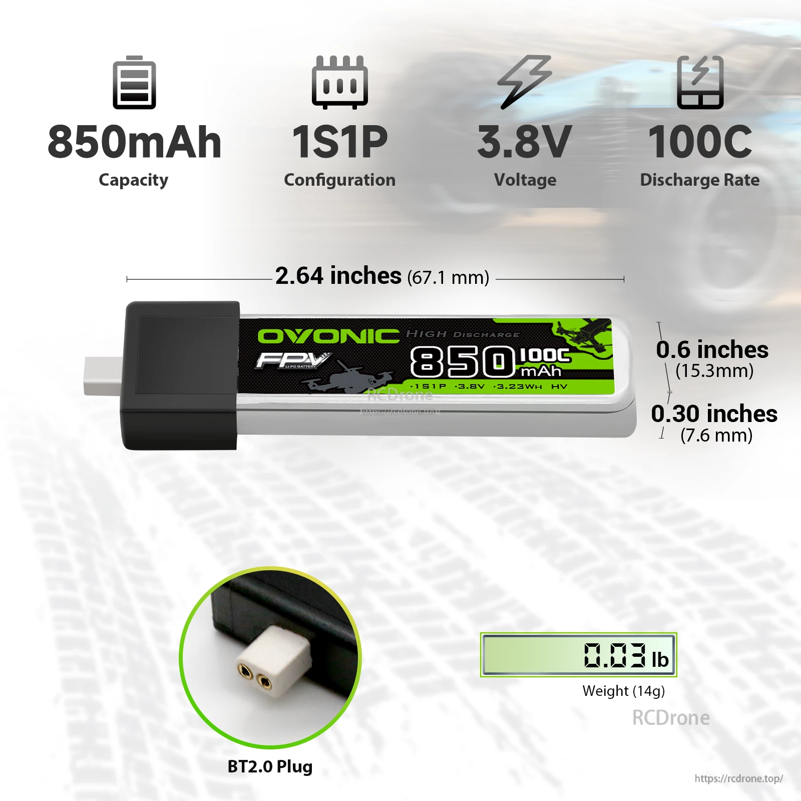 OVONIC 1S 850mAh 100C 3.8V LiHV LiPo Battery with BT2.0 plug, dimensions and weight callouts