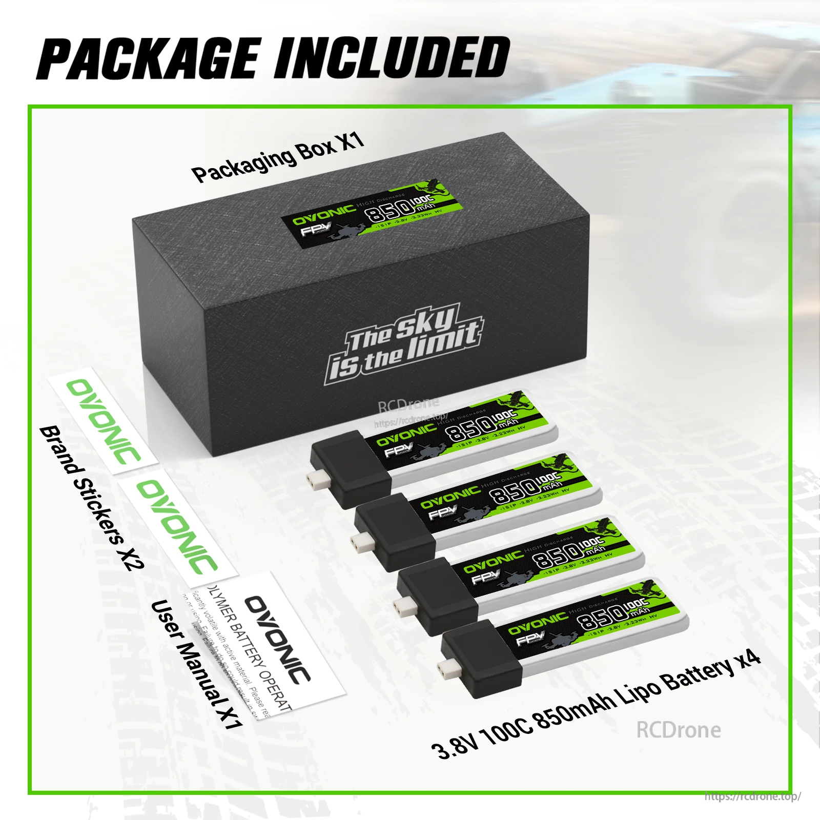 Package contents: four OVONIC 1S 850mAh 3.8V 100C LiHV batteries, box, brand stickers, and user manual