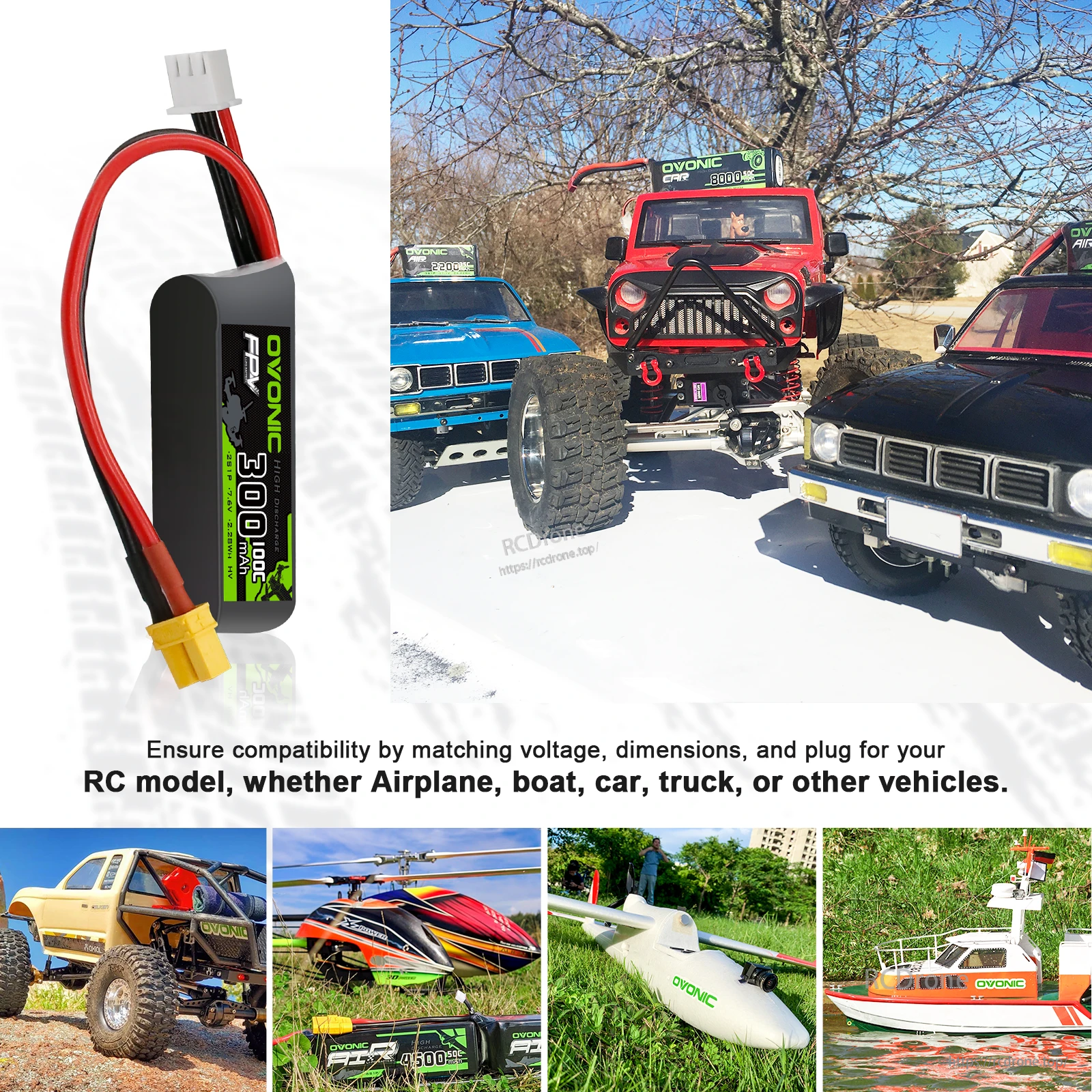 OVONIC 2S 300mAh LiHV LiPo battery with XT30 plug and compatibility examples for RC models like cars, boats and airplanes