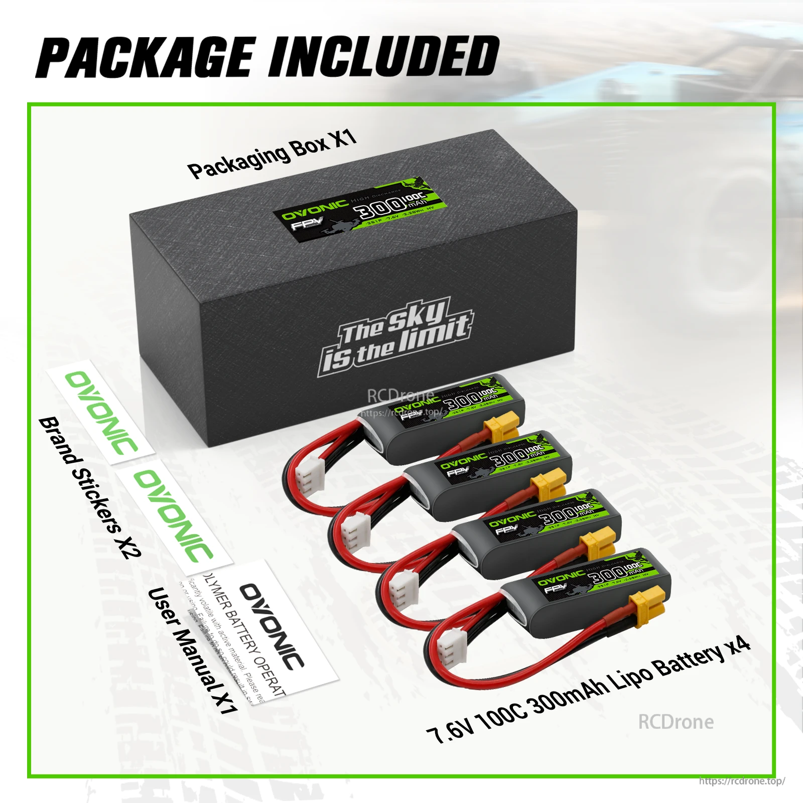 Package contents with four OVONIC 2S 300mAh LiHV batteries, stickers, user manual and packaging box