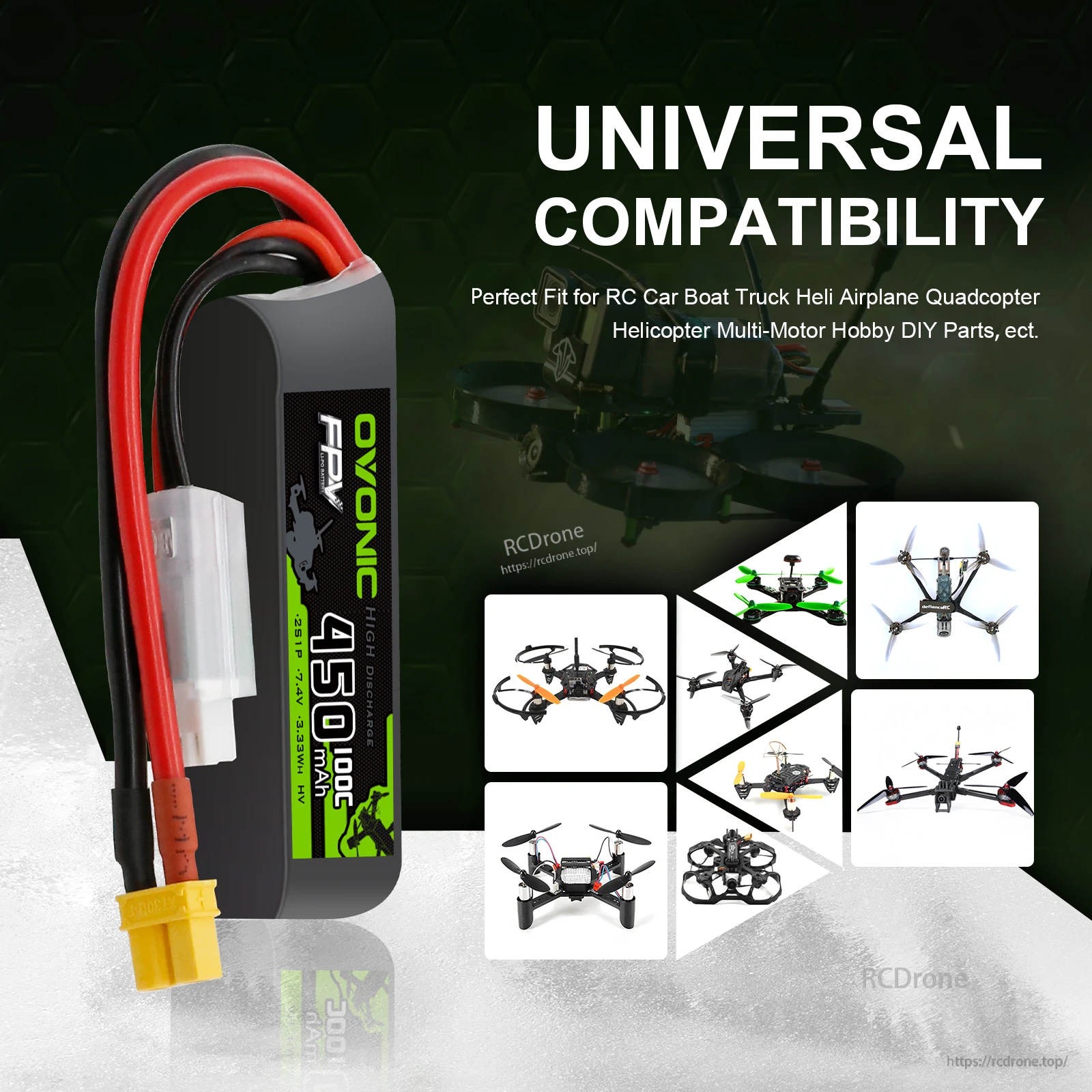 Ovonic 2S 450mAh LiPo battery layout with XT30 connector, promoting universal compatibility across RC multirotor builds