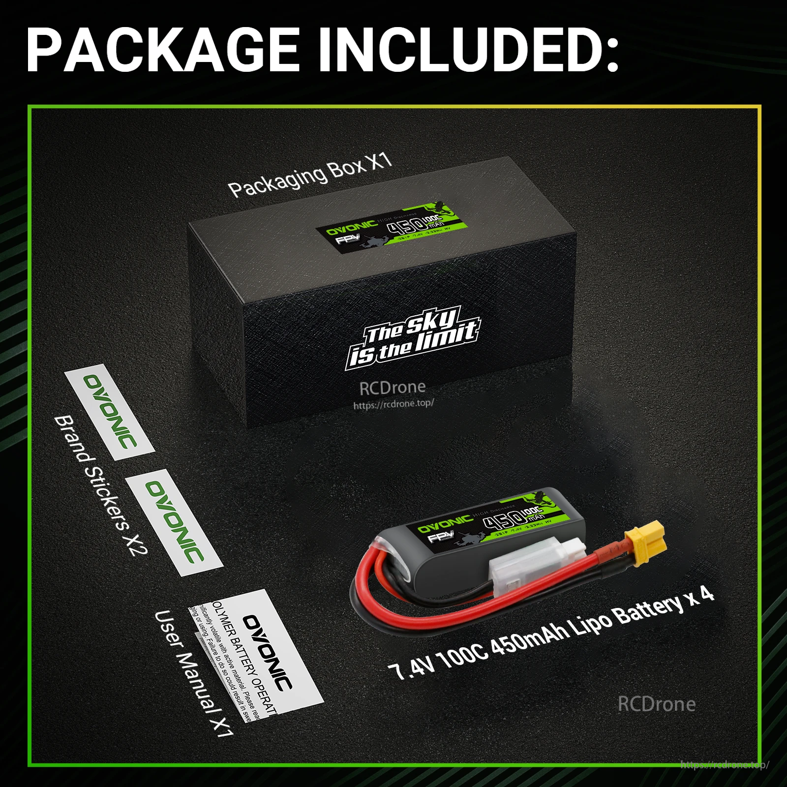 Package contents for Ovonic 2S 450mAh 100C 7.4V LiPo battery set: 4 batteries, stickers, user manual, and box