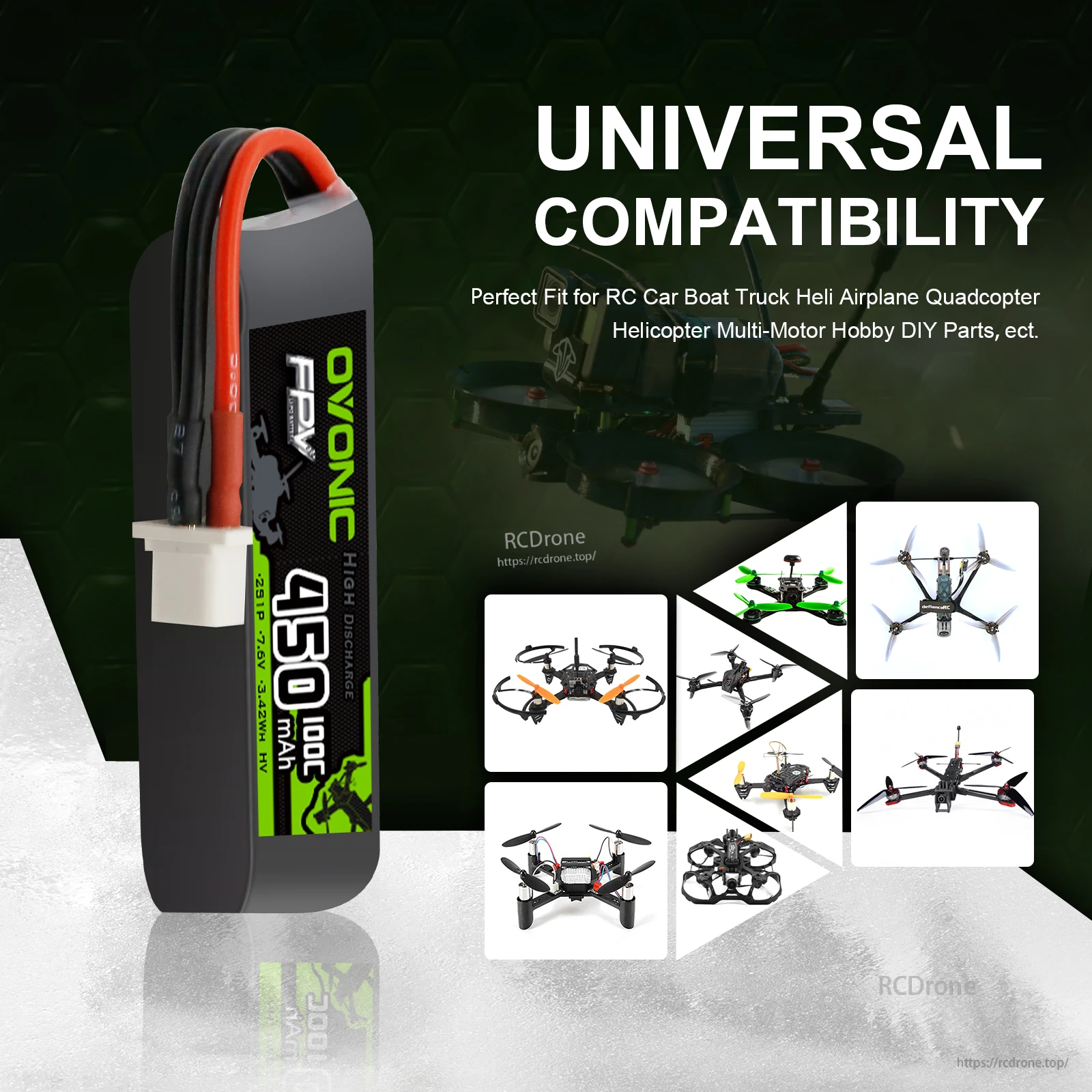 OVONIC 2S 450mAh 7.6V LiHV LiPo pack illustrated for multi-model use, including whoop and other RC builds