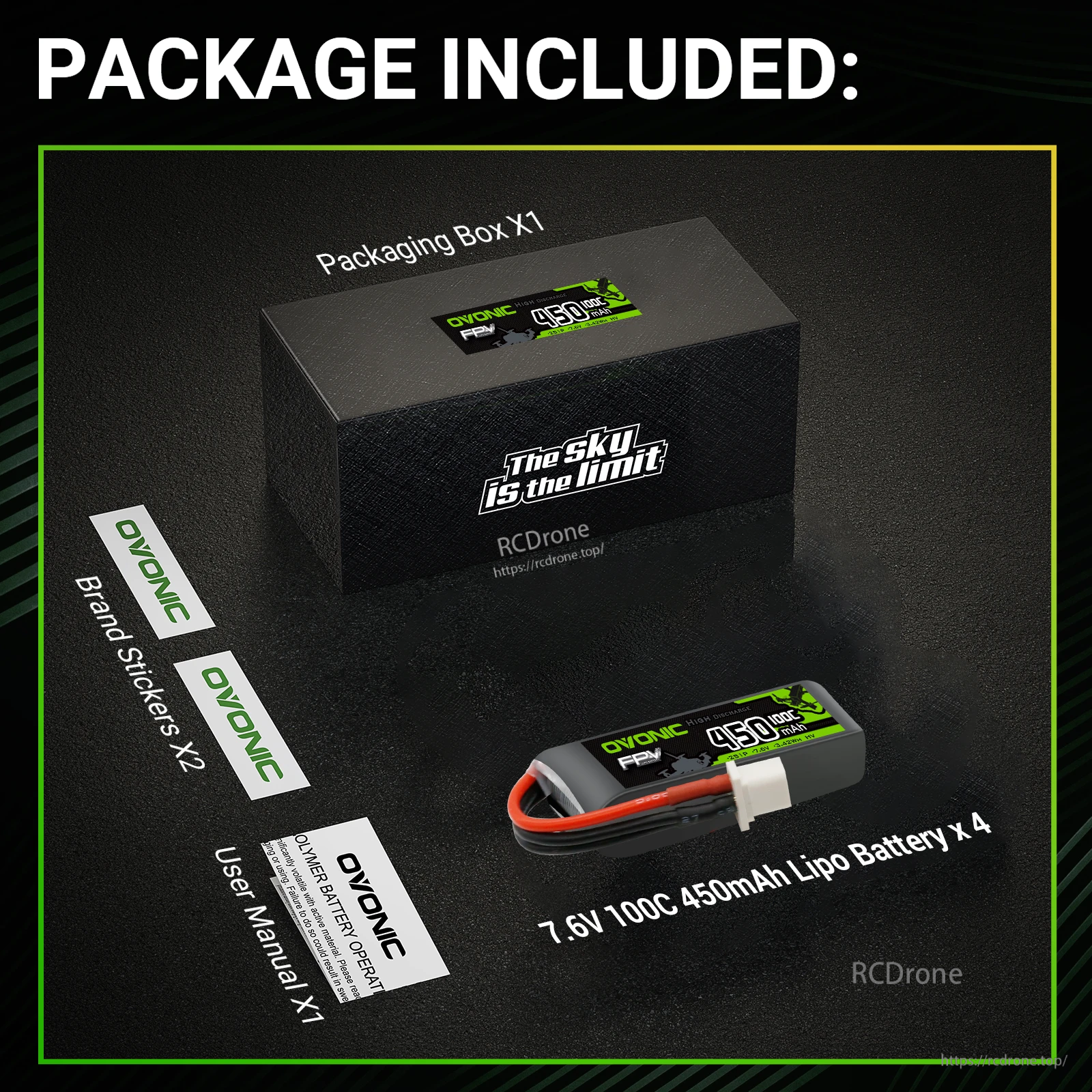 Package contents for OVONIC 2S 450mAh LiHV batteries: retail box, 4 packs, user manual, and two Ovonic stickers