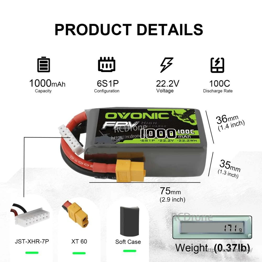 4×OVONIC 6S LiPo Battery Pack 1000mAh 100C 22.2V with XT60 Plug for Freestyle Drone FPV Racing Drone