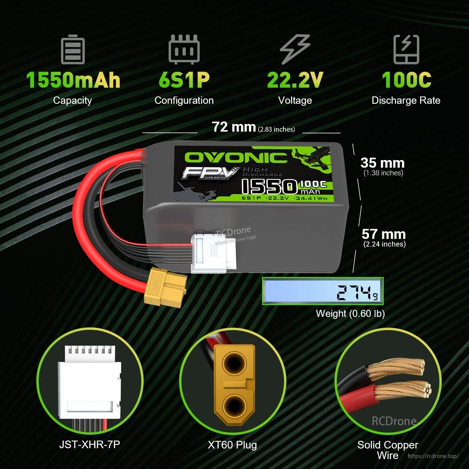 Ovonic FPV 6S 1550mAh 100C LiPo Battery specs graphic with dimensions, weight and connectors