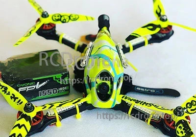 FPV quadcopter with an Ovonic 1550mAh 6S battery strapped on the top plate