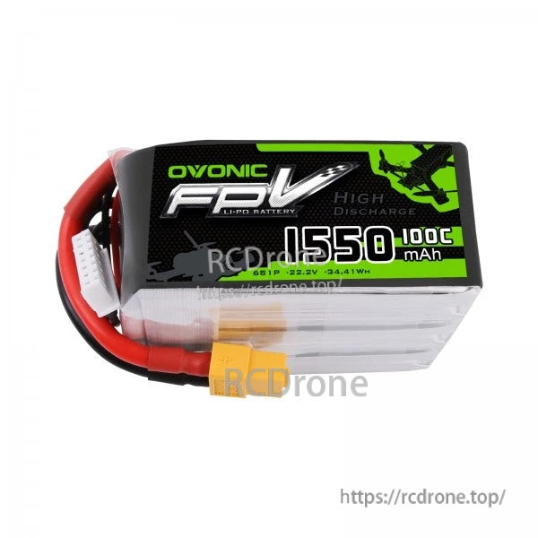 Ovonic FPV 6S 1550mAh 100C LiPo Battery close-up showing XT60 connector and balance lead