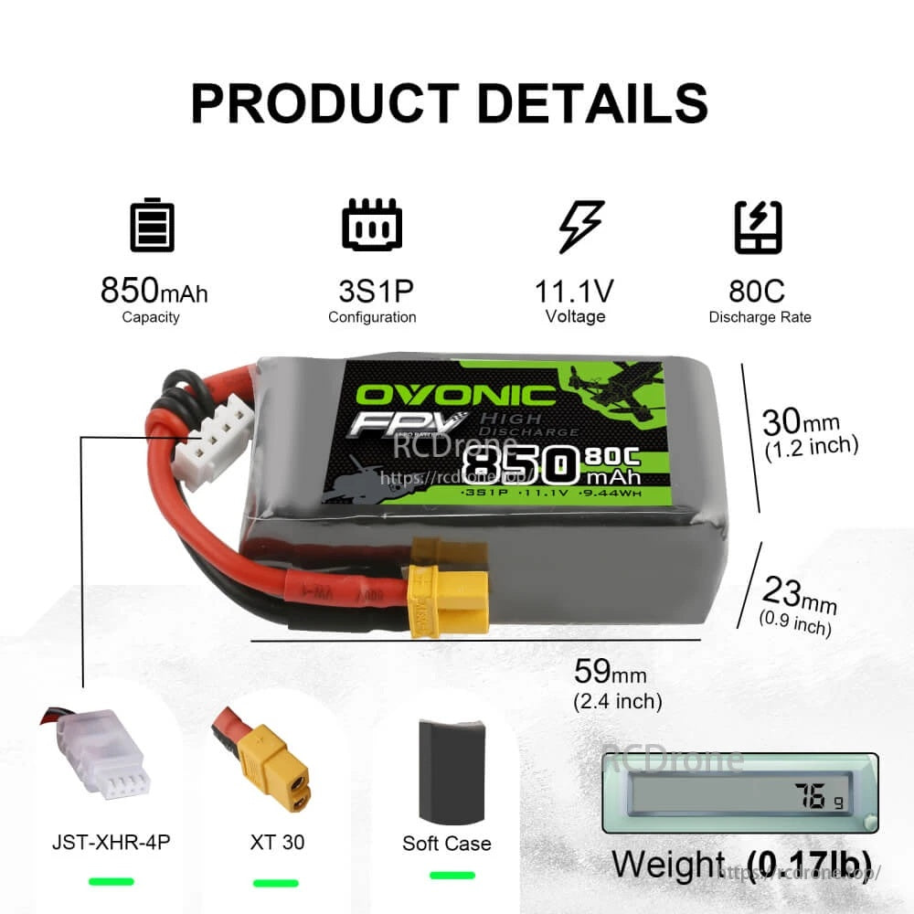 4x Ovonic 3S 11.1V 850mAh 80C LiPo battery specs and dimensions with XT30 and JST-XHR-4P plugs