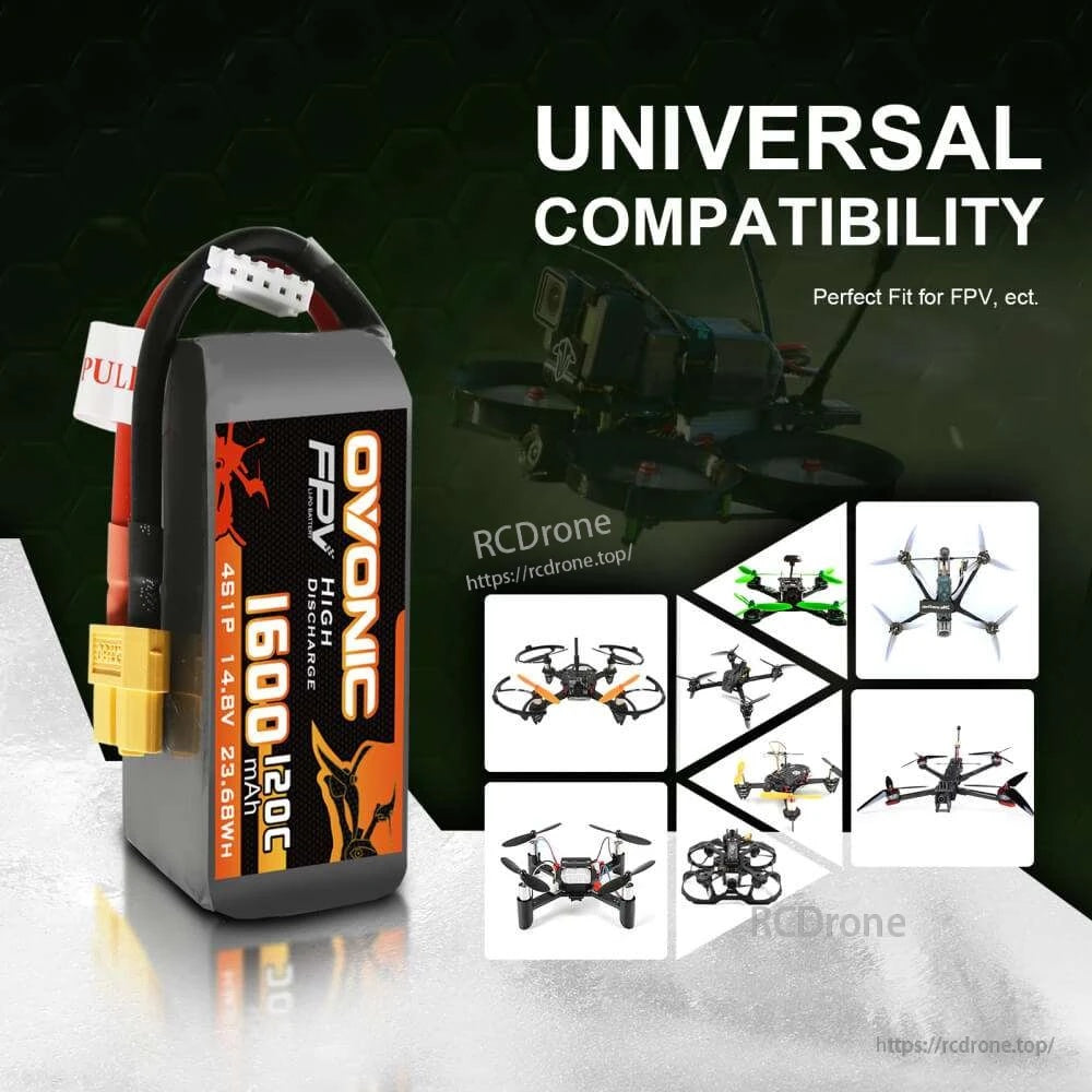 Universal compatibility graphic for Ovonic 4S 14.8V 1600mAh 120C LiPo with XT60 for FPV quads