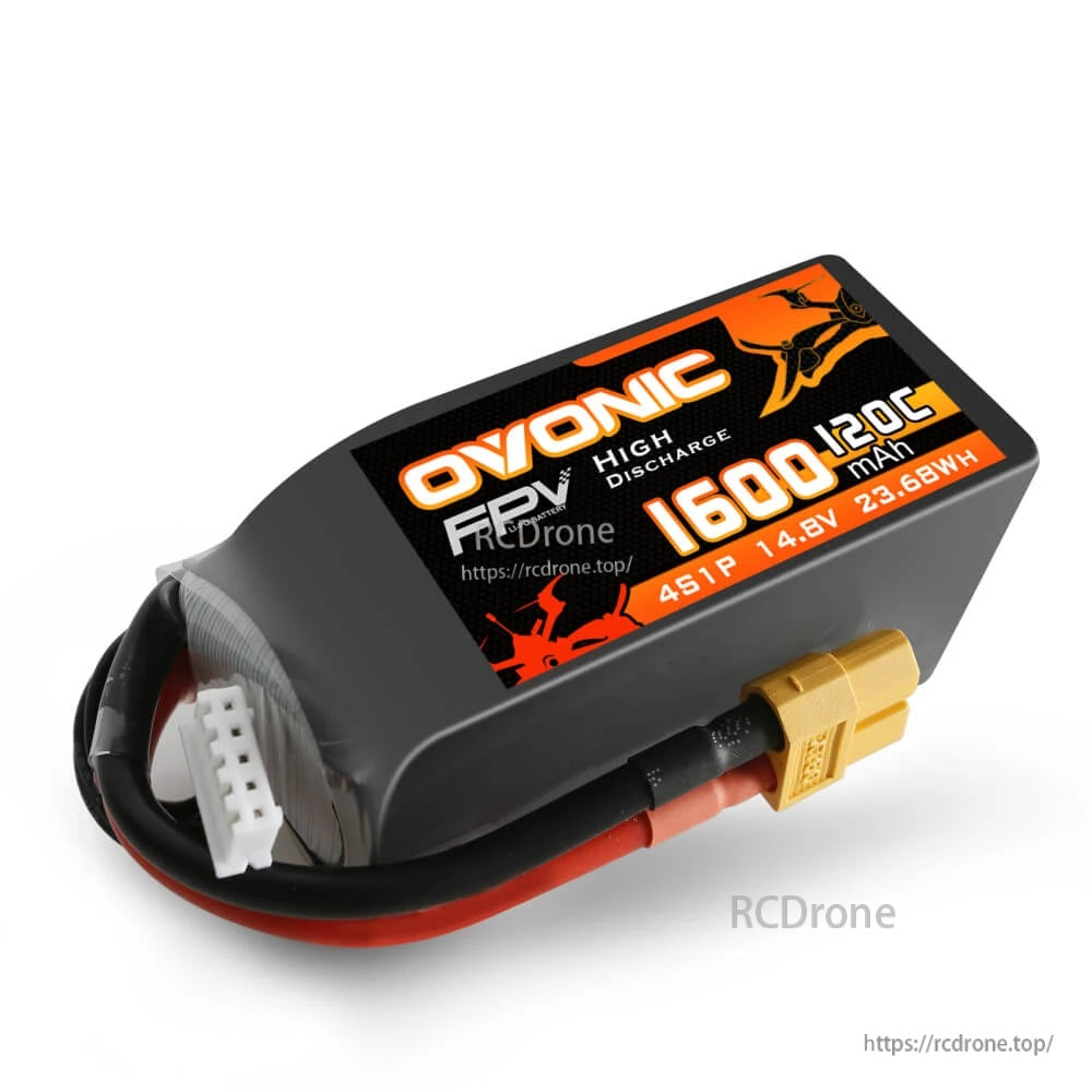 Product-only angle of Ovonic FPV 4S 14.8V 1600mAh 120C LiPo battery with XT60 connector