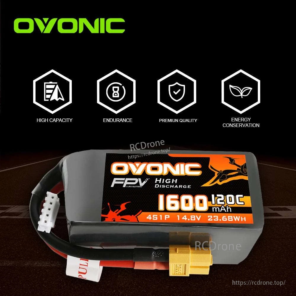 Horizontal view of Ovonic FPV 4S LiPo battery showing XT60 connector, balance lead, and 1600mAh 120C label