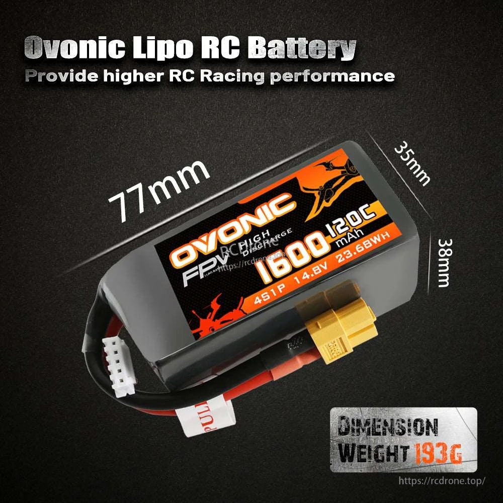 Ovonic LiPo battery dimensions graphic listing 77mm length, 35mm width, 38mm height and 193g weight
