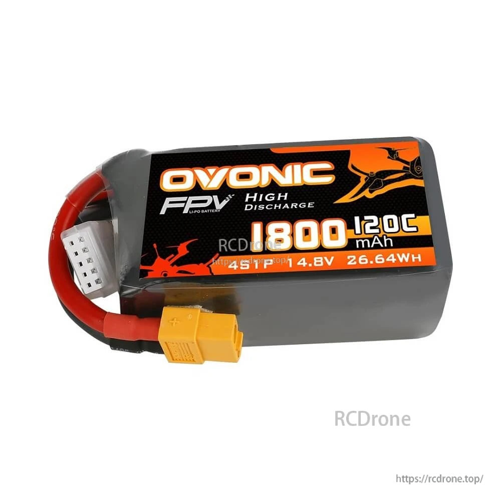 Side view of Ovonic FPV 4S 1800mAh 120C LiPo showing 26.64Wh label and XT60 lead